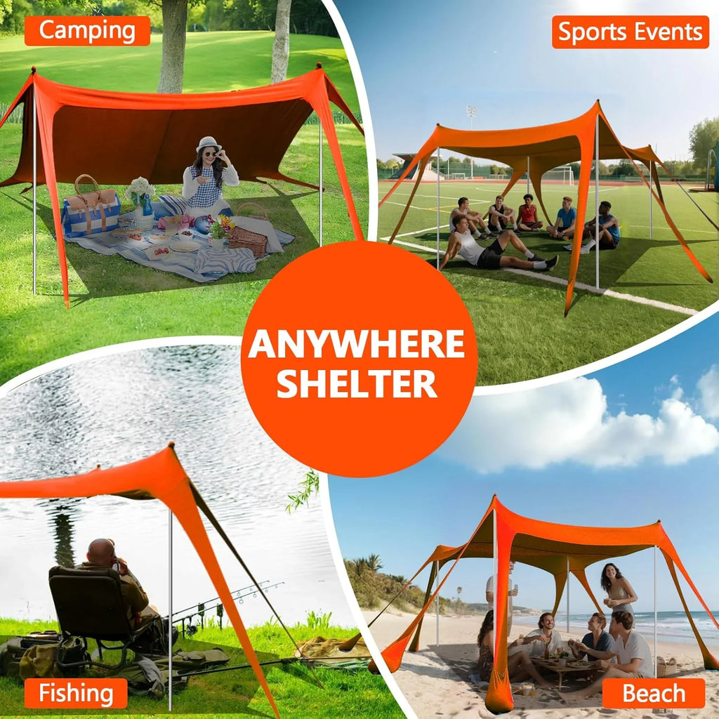 Beach Tent Sun Shelter, 10 x 10 FT Beach Canopy Tent Sun Shade Heavy Duty, UPF50+ Beach Tent Canopy with 8 Sandbags & 4 Stability Poles, Outdoor Beach Shade Canopy for Camping and Fishing, Blue