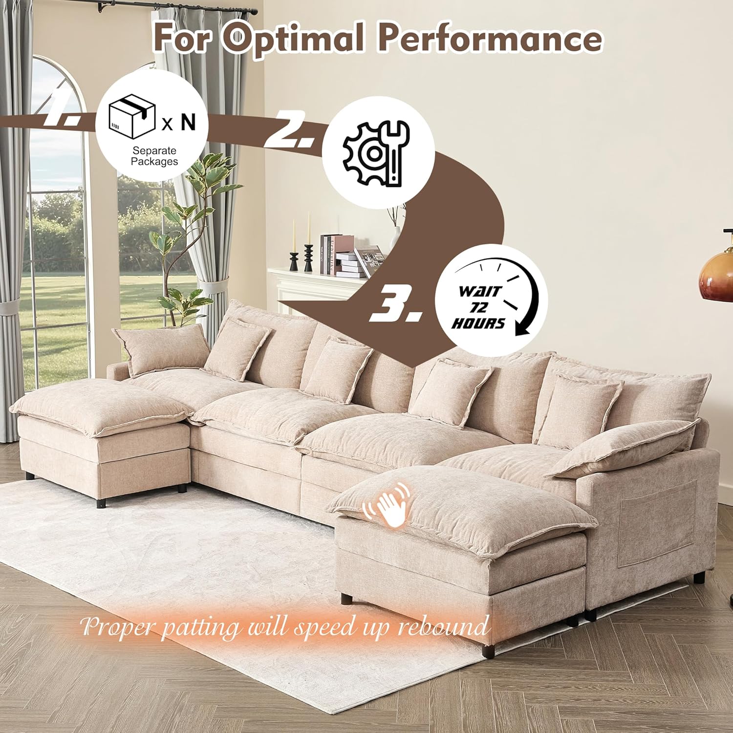 108 Inch U Shape Sofa Sectional Sofa Comfortable Cloud Sofa with Removable Footstool