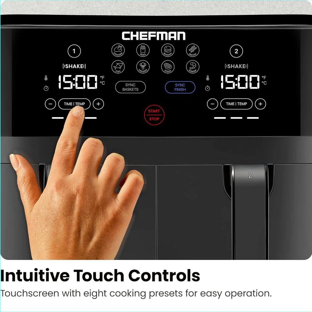 Chefman 6-Quart Dual Basket Air Fryer - Digital Touchscreen, Smart Sync Finish, High-Frying, Auto-Off, 2 Independent 3-Quart Nonstick Pans, Dishwasher-Safe Baskets