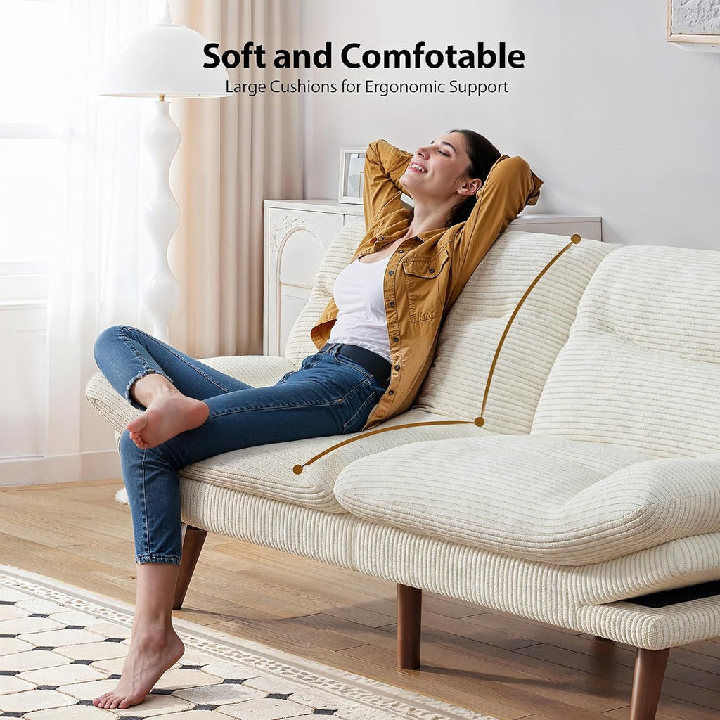 Pipishell Convertible Futon Sofa Bed,66 Corduroy Futon Couch with Adjustable Backrest and Armrests, Recliner Sleeper Sofa for Small Spaces, Play Room or Office, Grey