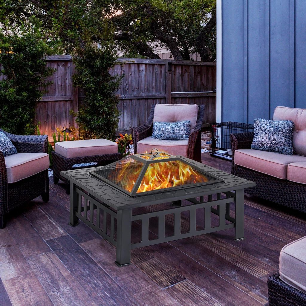 Yaheetech Multifunctional Fire Pit Table 32in Square Metal Firepit Stove Backyard Patio Garden Fireplace for Camping, Outdoor Heating, Bonfire and Picnic