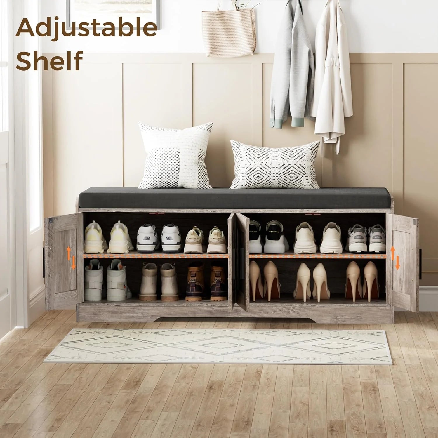 2-Tier Storage Bench, Shoe Bench with Thickened Padded Seat Cushion, Entryway Bench with 4 Doors, Adjustable Shelf, 13.8 D x 45.3 W x 18.5 H, for Entryway, Living Room, Bedroom, White