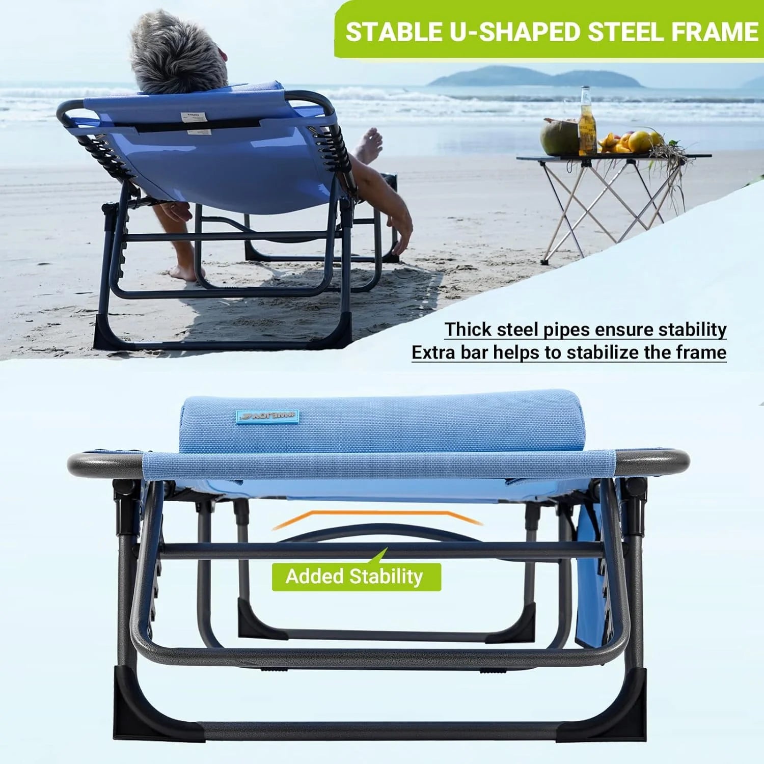 2 Pack Outdoor Chaise Lounge Chair - Portable Folding Patio Pool Lounge Chair, 5 Positions Adjustable Reclining Camping Chair with Side Table,Shoulder Strap, Pillow for Beach Sunbathing Lawn