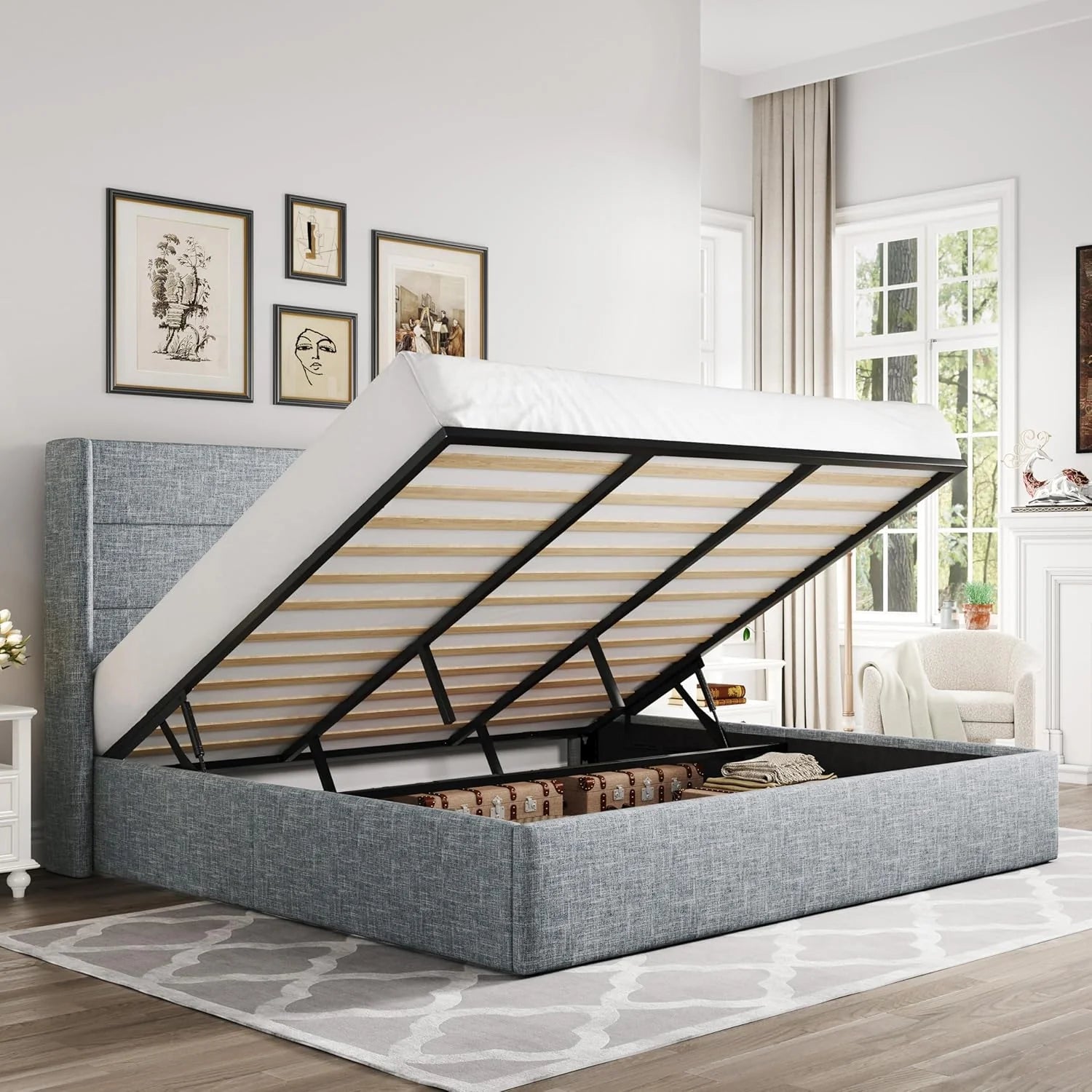 Allewie Queen Size Lift Up Storage Bed Modern Wingback Headboard Hydraulic Support