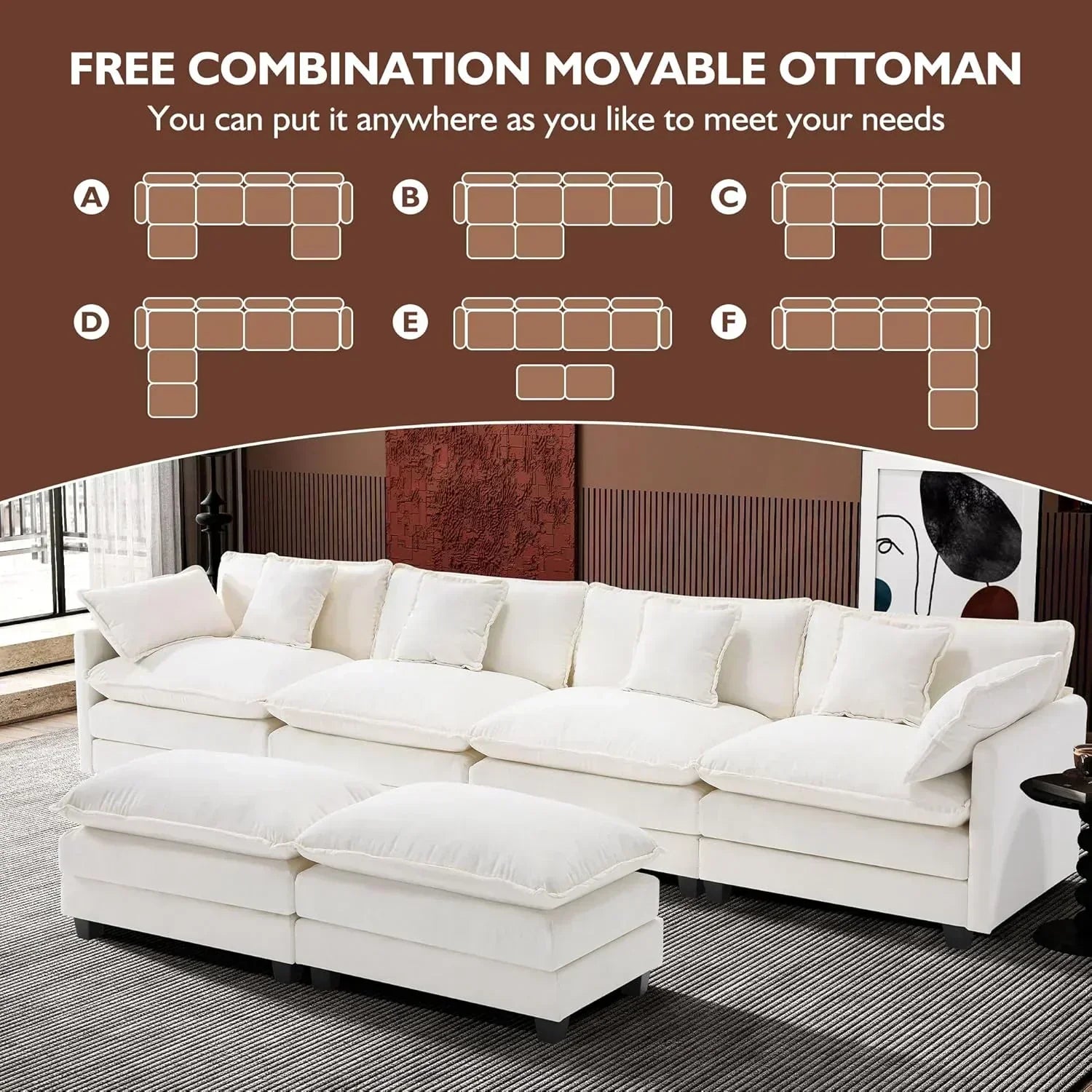 111.4 Inch L Shaped Modern Sofa Modular Cloud Sofa with Ottoman 4 Seater Chenille Deep Seat Sofa