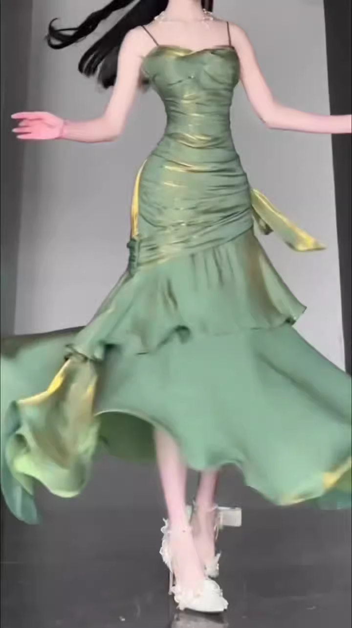 Retro Mermaid Spaghetti Straps Green Prom Dresses Birthday Outfits With Flower SD537