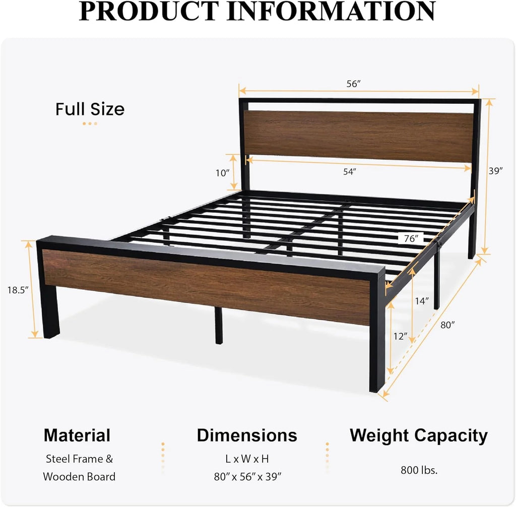 SHA CERLIN 14 Inch Queen Size Metal Platform Bed Frame with Wooden Headboard and Footboard