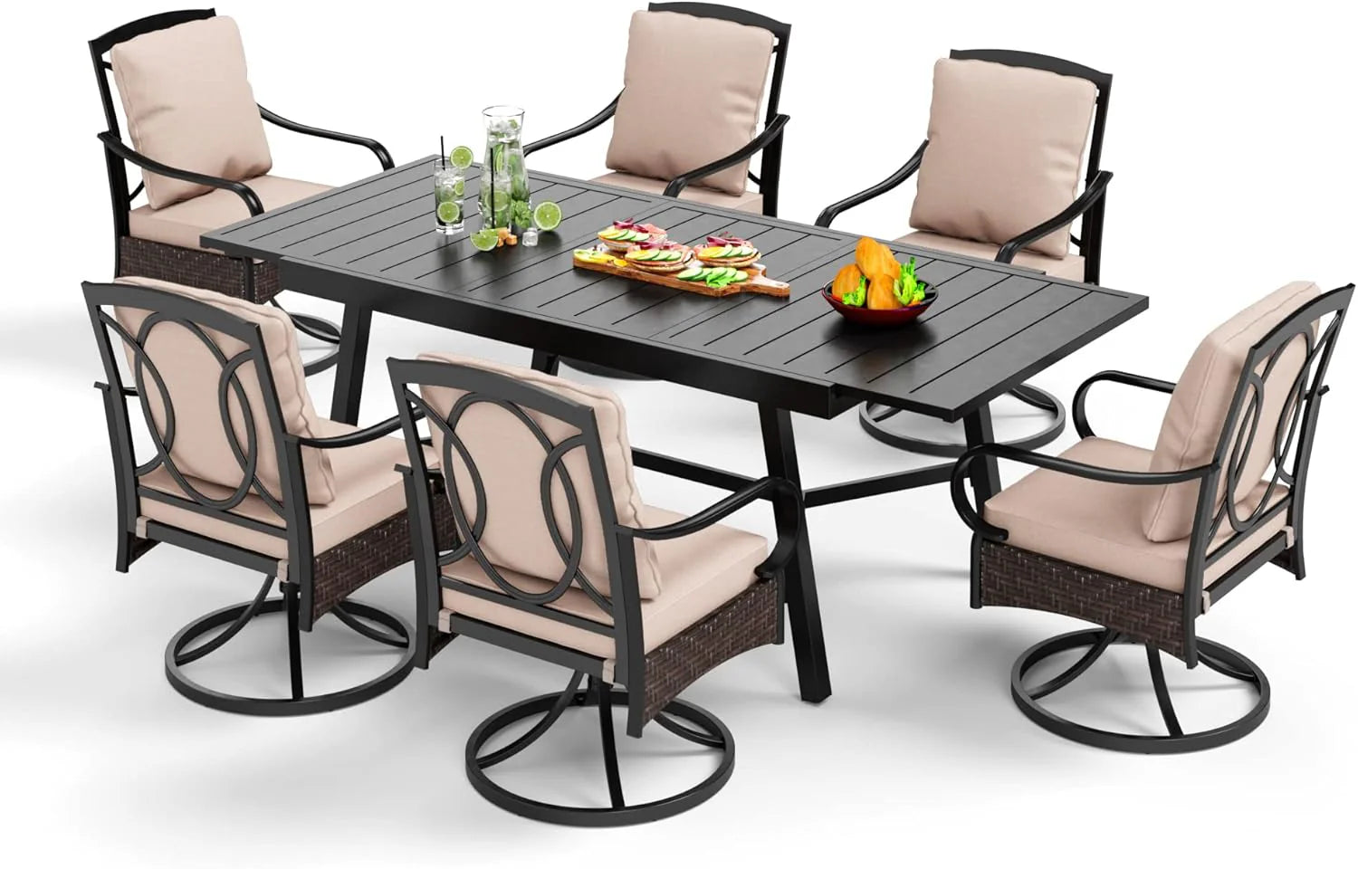 PHI VILLA 6-Piece Outdoor Dining Sets, All-Weather Patio Table and Chairs Set with Umbrella for 4, Heavy Duty Patio Round Table Set for Deck, 4 Extra Large Outdoor Swivel Chairs with Thick Cushions