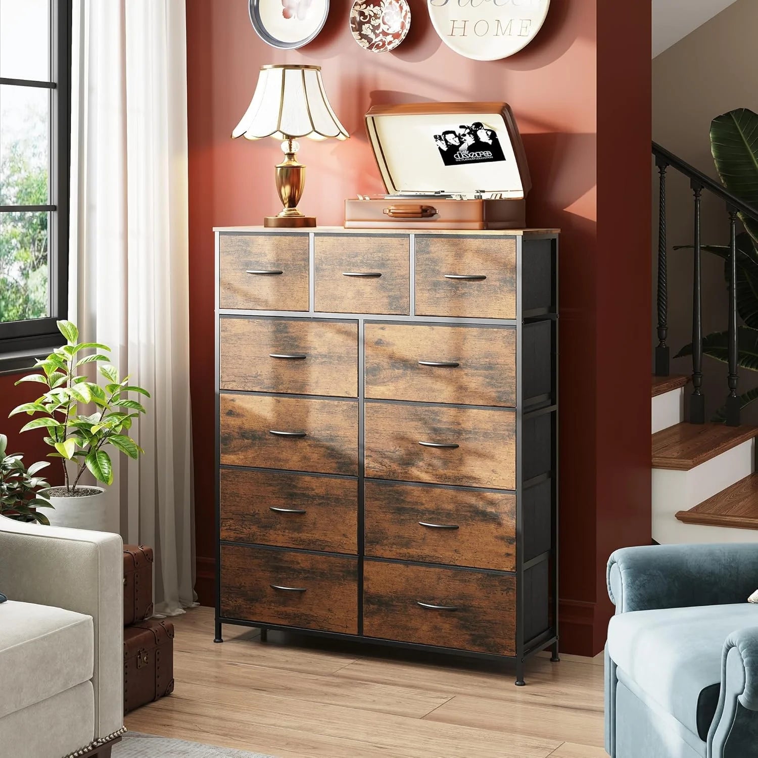 Storage Organizer Unit with 11 Fabric Bins, Storage Drawers Organizer with Steel Frame, Tall Storage Tower Organizaton