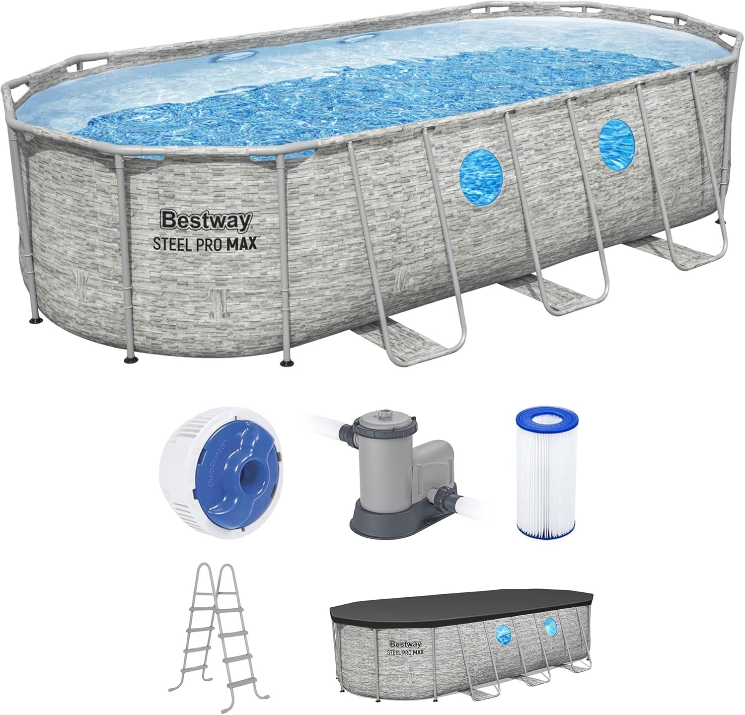 Power Steel Swim Vista Series II 14' x 8' 2 x 39.5 Above Ground Outdoor Swimming Pool Set with 530 GPH Filter Pump, Ladder, and Pool Cover