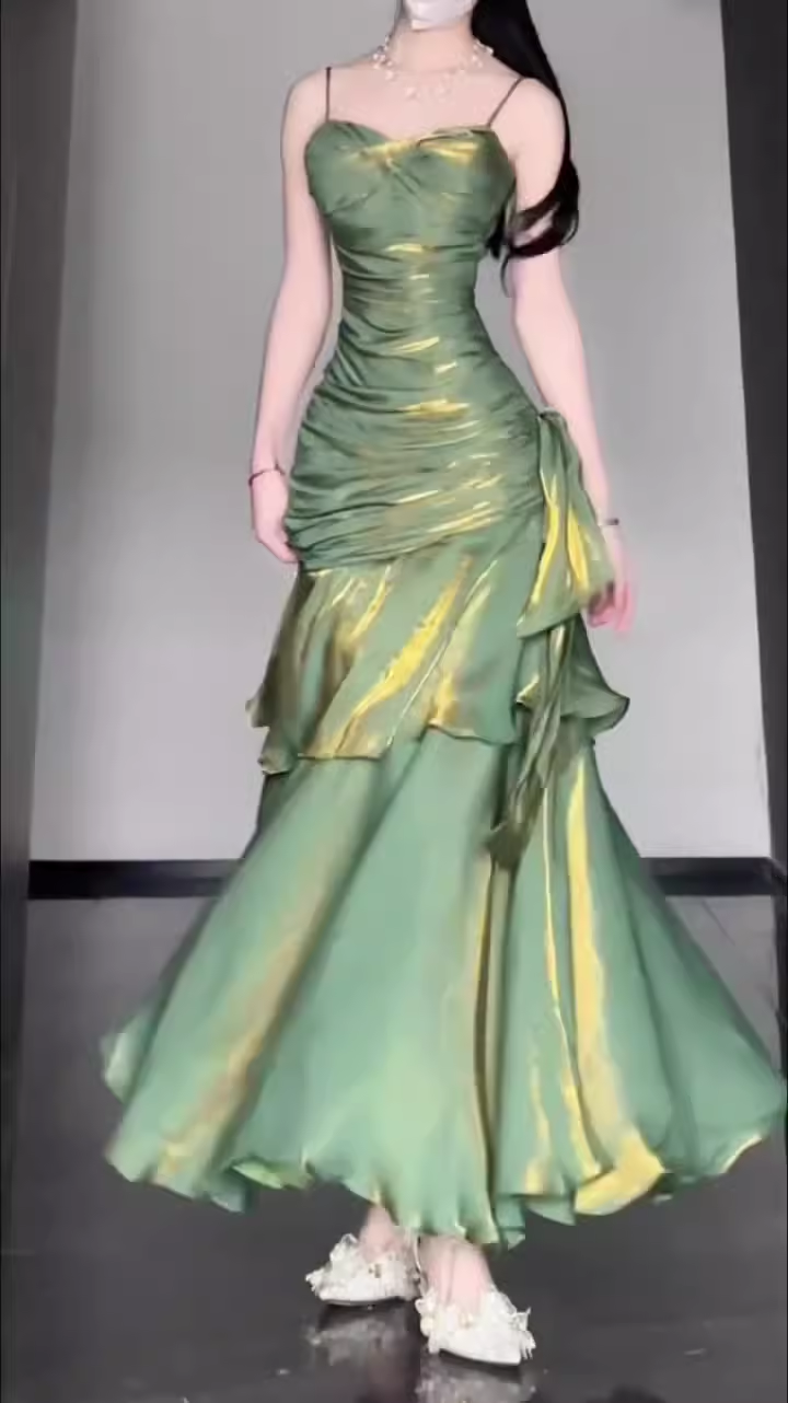 Retro Mermaid Spaghetti Straps Green Prom Dresses Birthday Outfits With Flower SD537