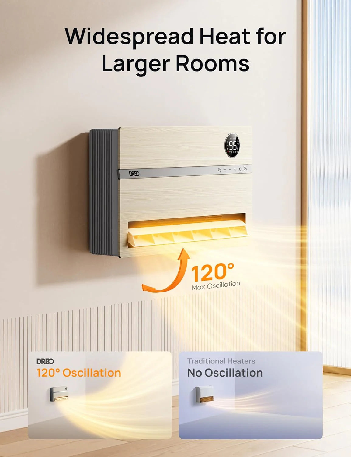 Smart wall mounted heater, bedroom electric heater, 1500W adjustable thermostat 24-hour timer easy to install indoor heater