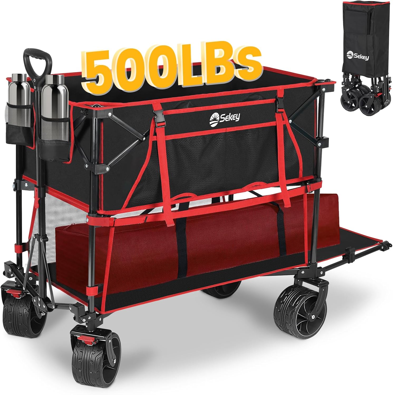 400L Large Capacity Folding Double Decker Wagon with Brakes, 50 Extra Long Extender Cart, 500lbs Heavy Duty Collapsible Wagons