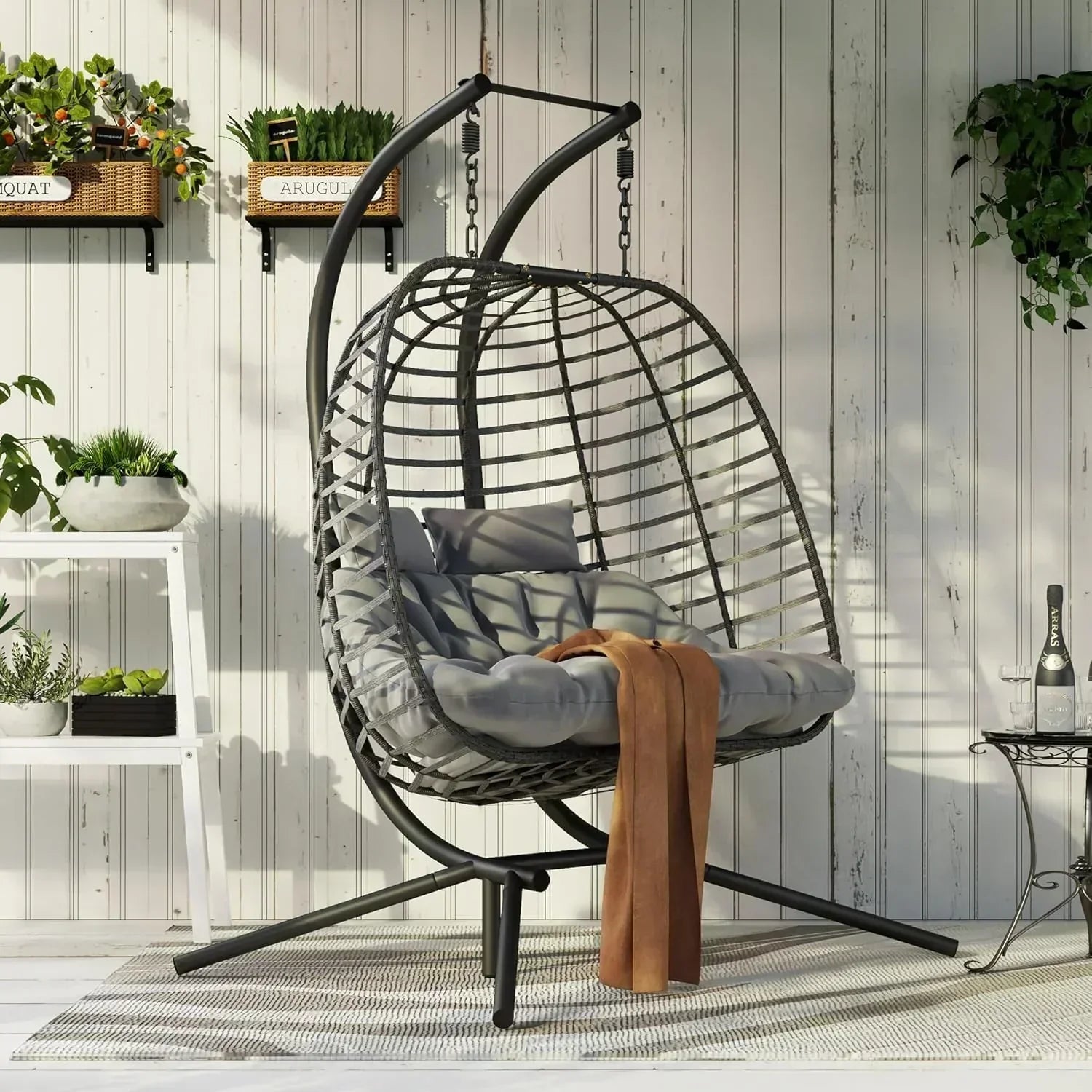 HWB Hanging Egg Chair with Stand Patio Wicker Hammock Egg Swing Chair Cushion for Bedroom