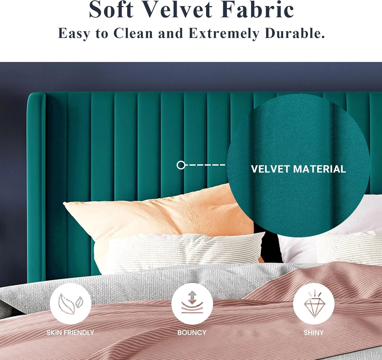 Allewie Full Size Velvet Bed Frame Vertical Channel Tufted Wingback Headboard Upholstered Bed