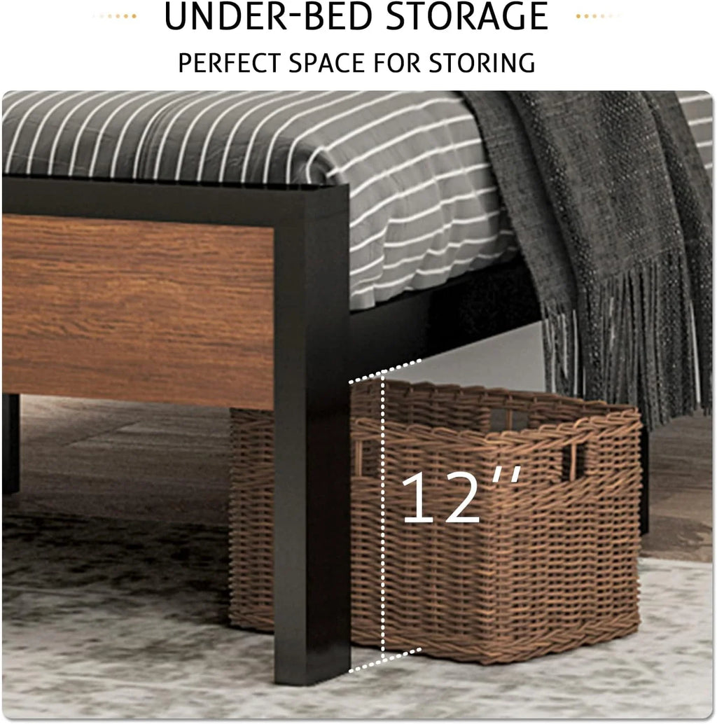 SHA CERLIN 14 Inch Queen Size Metal Platform Bed Frame with Wooden Headboard and Footboard