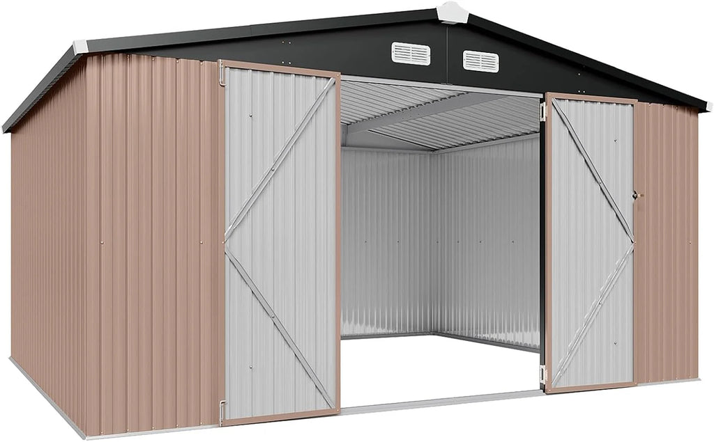 Aoxun 12x10 FT Shed Metal Outdoor Waterproof Storage Shed Steel Utility Garden Tool Shed with Door & Lock Outdoor Storage for Garden Patio Lawn Poolside, Brown