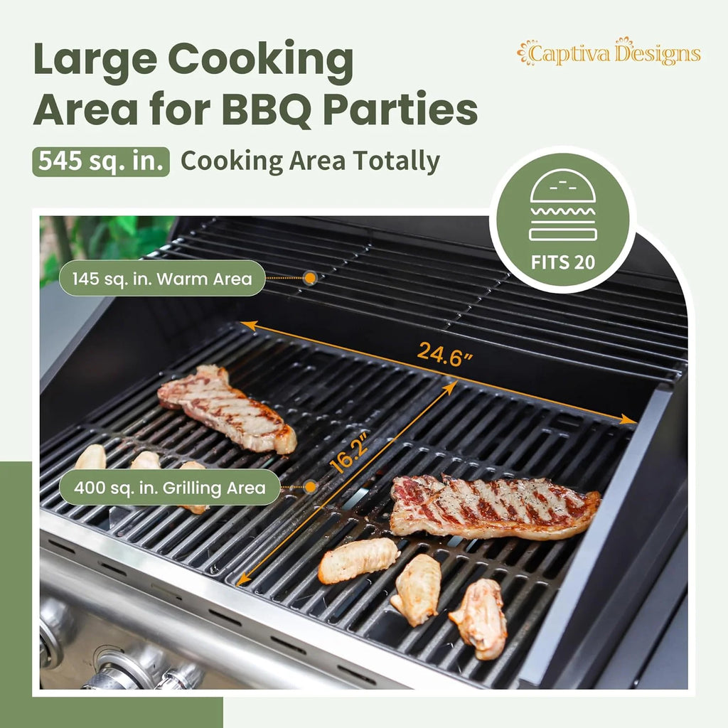 Captiva Designs 4-Burner Propane Gas BBQ Grill with Side Burner & Porcelain-Enameled Cast Iron Grates, 42,000 BTU Output Stainless Steel Grill for Outdoor Cooking Kitchen and Patio Backyard Barbecue