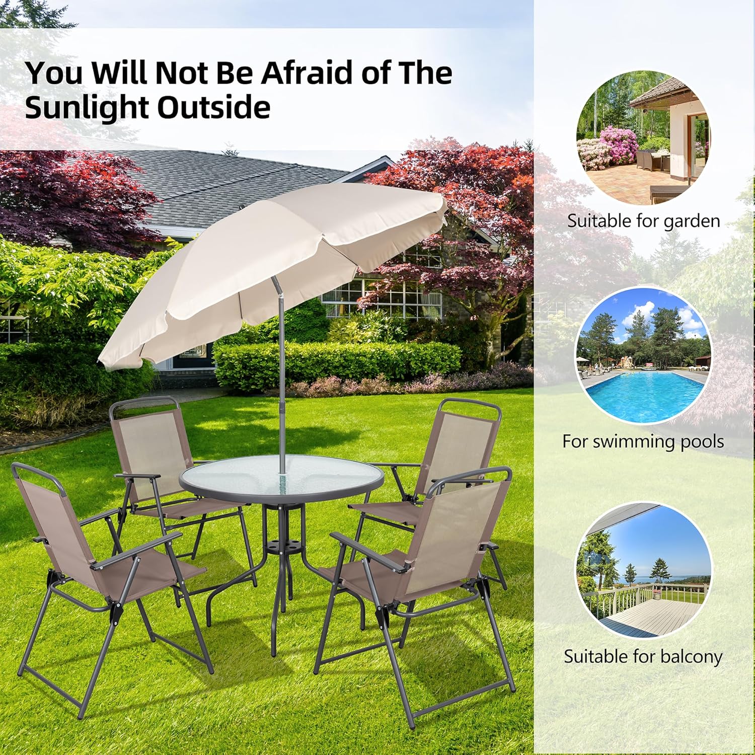 Vongrasig 6 Piece Folding Patio Dining Set,Small Metal Outdoor Garden Patio Table and Chair Set w/Umbrella for Lawn,Deck,Backyard,Black