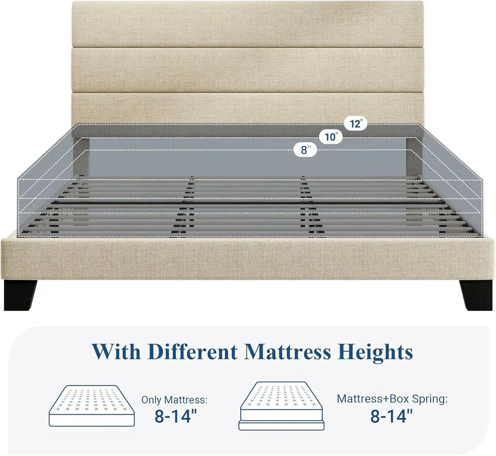 Allewie Queen Size Platform Bed Frame with Fabric Upholstered Headboard Wooden Slats Support
