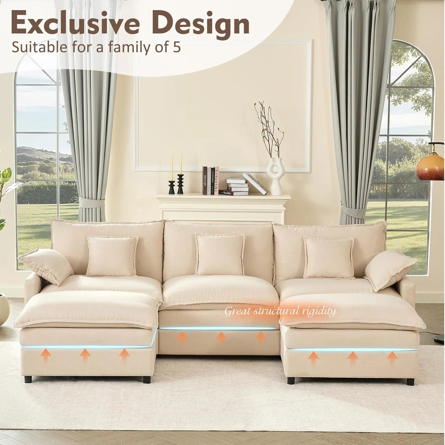 108 Inch U Shape Sofa Sectional Sofa Comfortable Cloud Sofa with Removable Footstool