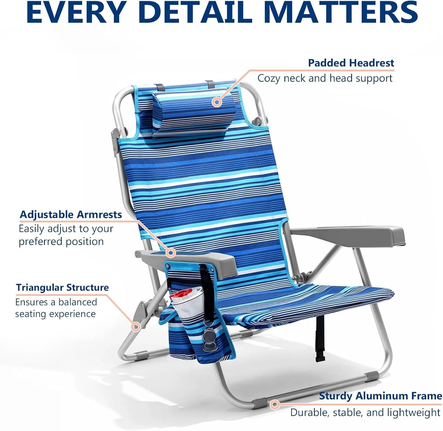 5-Position Aluminum Lay Flat Tall Backpack Beach Chairs 2 Pack Compact Portable Beach Chairs for Adults with Cooler Pouch, Storage Pouch, Towel Bar, Cup Holder & Phone Holder, Blue Stripe