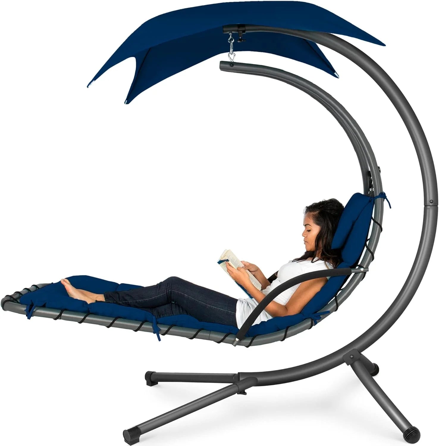 Best Choice Products Outdoor Hanging Curved Steel Chaise Lounge Chair Swing w/Built-in Pillow and Removable Canopy - Teal