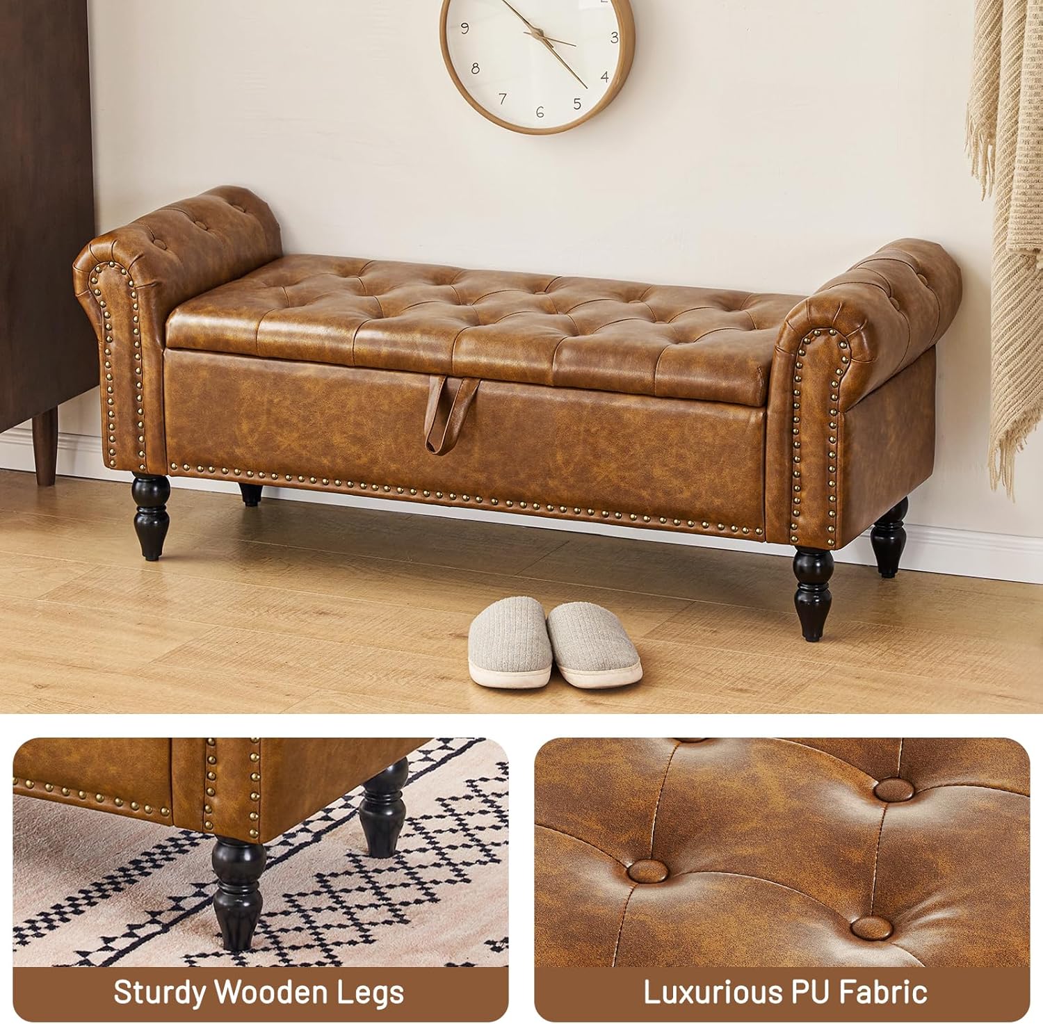 Furniliving Modern Storage Ottoman Bench, Sherpa Ottoman End of Bed Bench with Solid Wood Legs Upholstered Ottoman Benches with Storage Indoor Bench