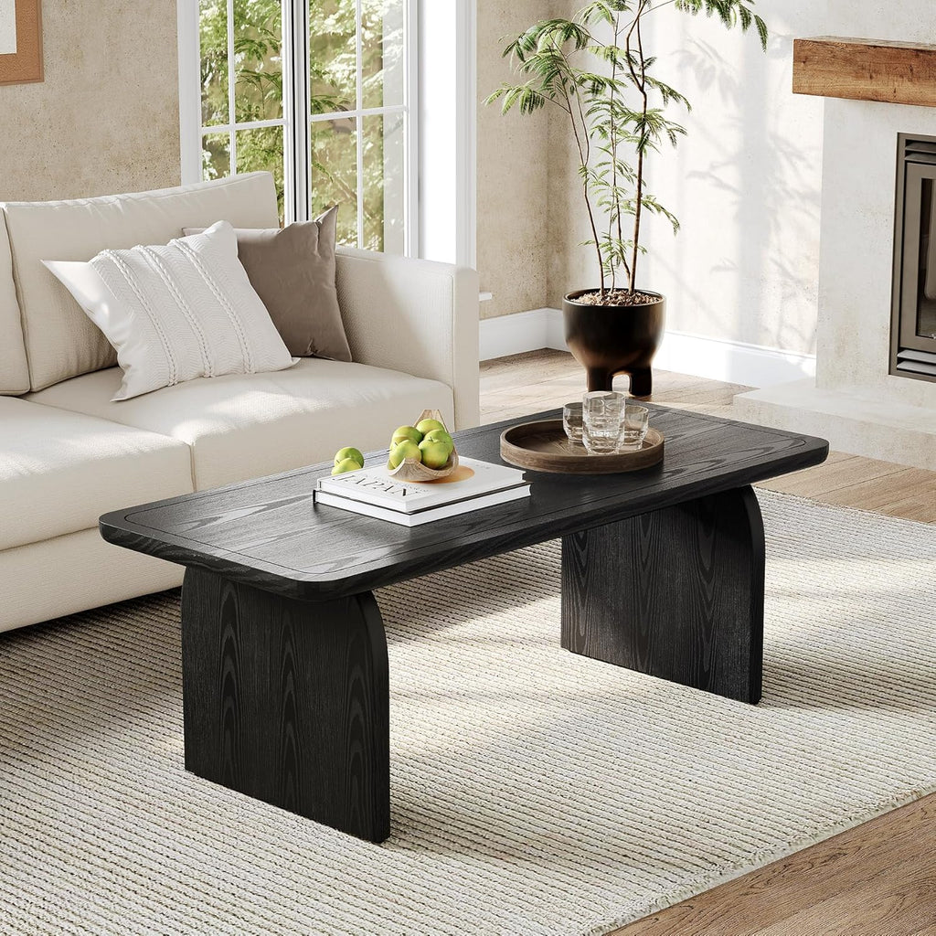 LITTLE TREE Farmhouse Coffee Table, 47 Inch Round Corner Wood Center Table, Rectangular Living Room Table, Modern Low Cocktail Tea Set