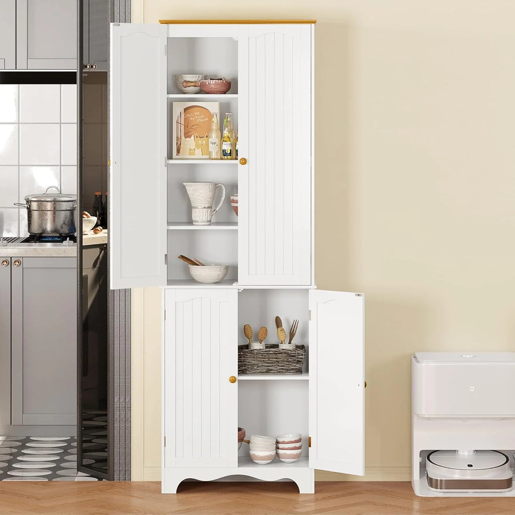 Tall Pantry Cabinet, Freestanding Storage Cabinet, Wooden Kitchen Pantry with 4 Doors and 5 Shelves, 72 Floor Cabinet Organizer