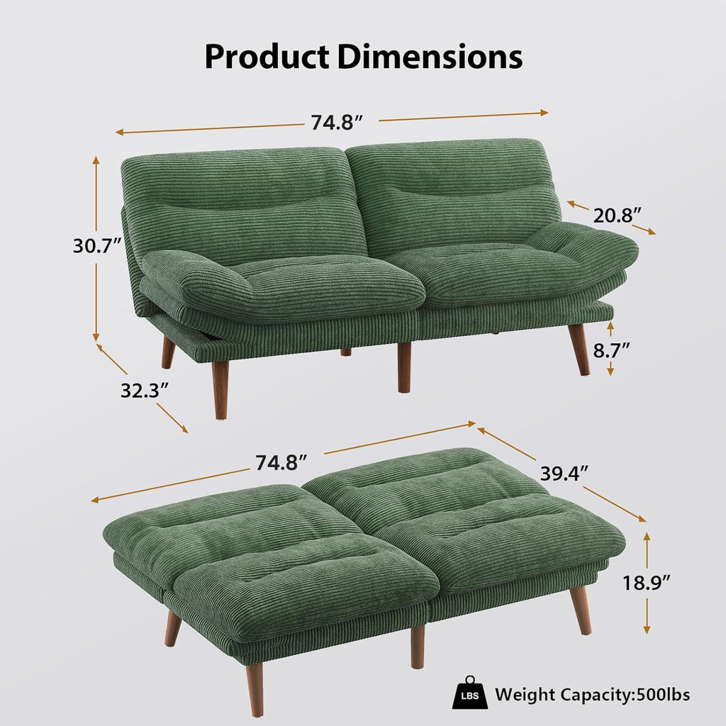 Convertible Futon Sofa Bed 66 Inch Corduroy Futon Sofa Recliner Sofa Bed for Small Spaces