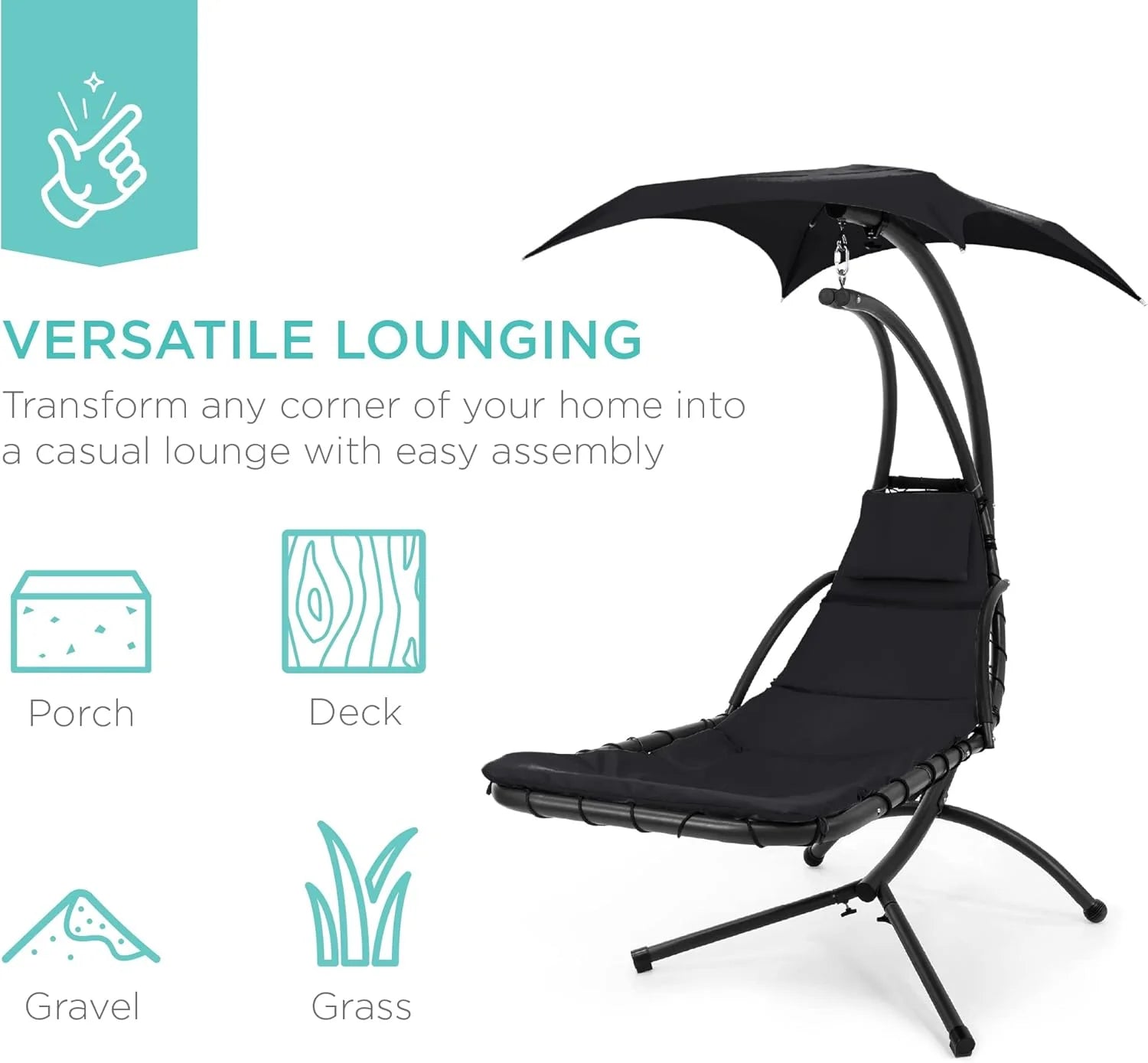 Best Choice Products Outdoor Hanging Curved Steel Chaise Lounge Chair Swing w/Built-in Pillow and Removable Canopy - Charcoal Gray