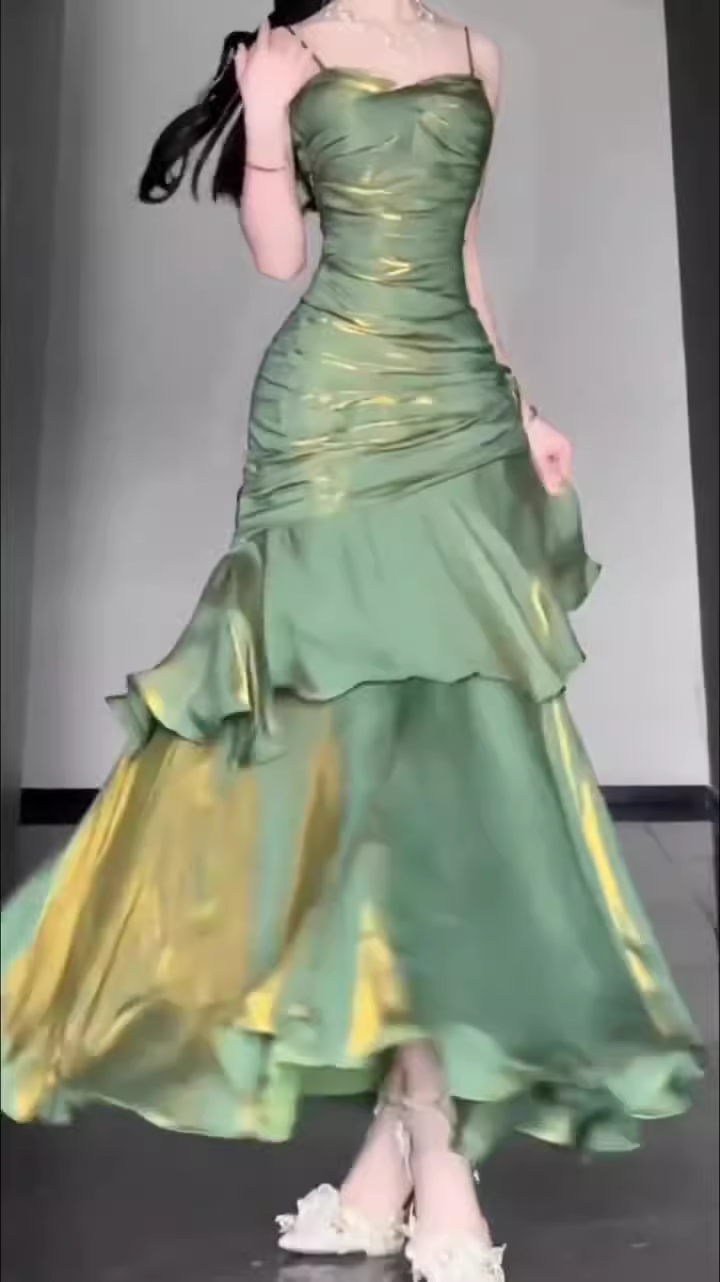 Retro Mermaid Spaghetti Straps Green Prom Dresses Birthday Outfits With Flower SD537