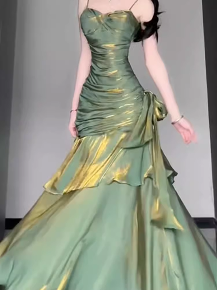 Retro Mermaid Spaghetti Straps Green Prom Dresses Birthday Outfits With Flower SD537