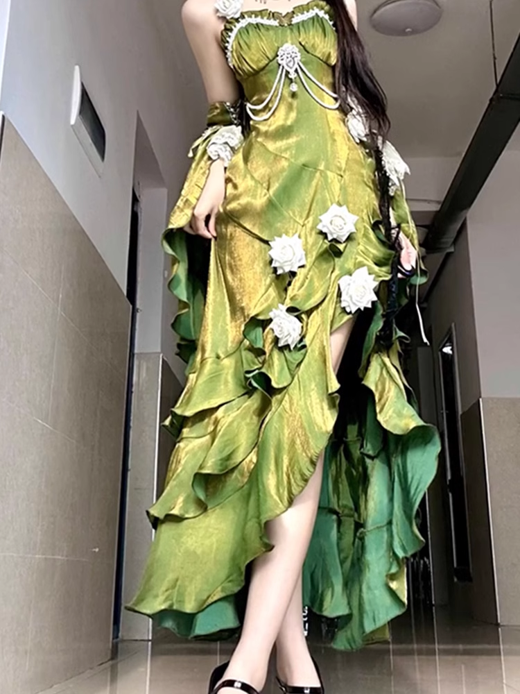 Vintage Sheath Irregular Ruffled Spaghetti Straps Women's Green Birthday Party Dresses SD437