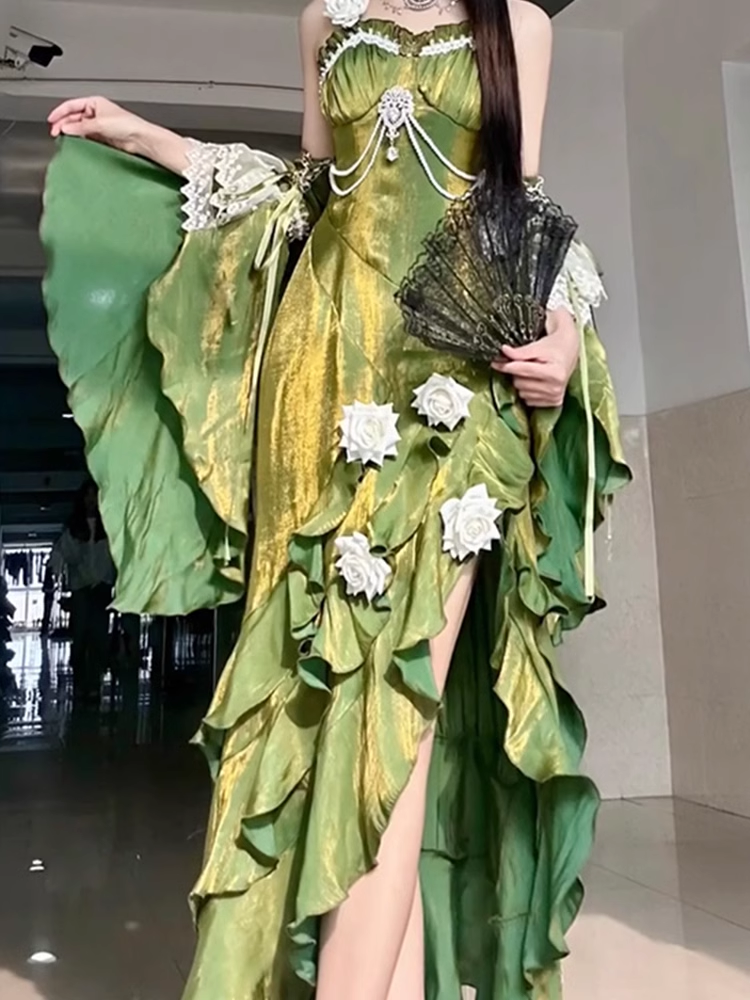 Vintage Sheath Irregular Ruffled Spaghetti Straps Women's Green Birthday Party Dresses SD437