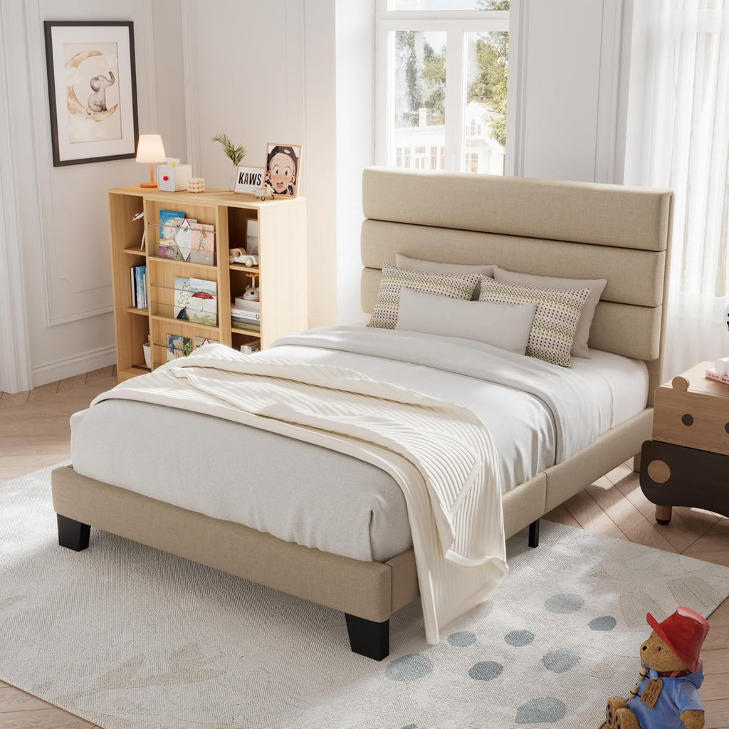 Allewie King size platform bed frame with velvet upholstered headboard and planks