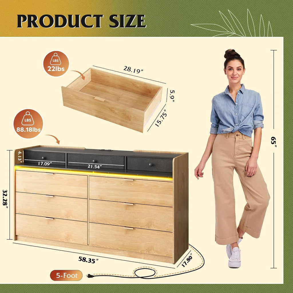 9 Drawer Led Dresser for Bedroom, 58.35'' Wide Wood Dresser Storage Organizer with Power Outlets for 65'' TV, Dressers with Open Shelves