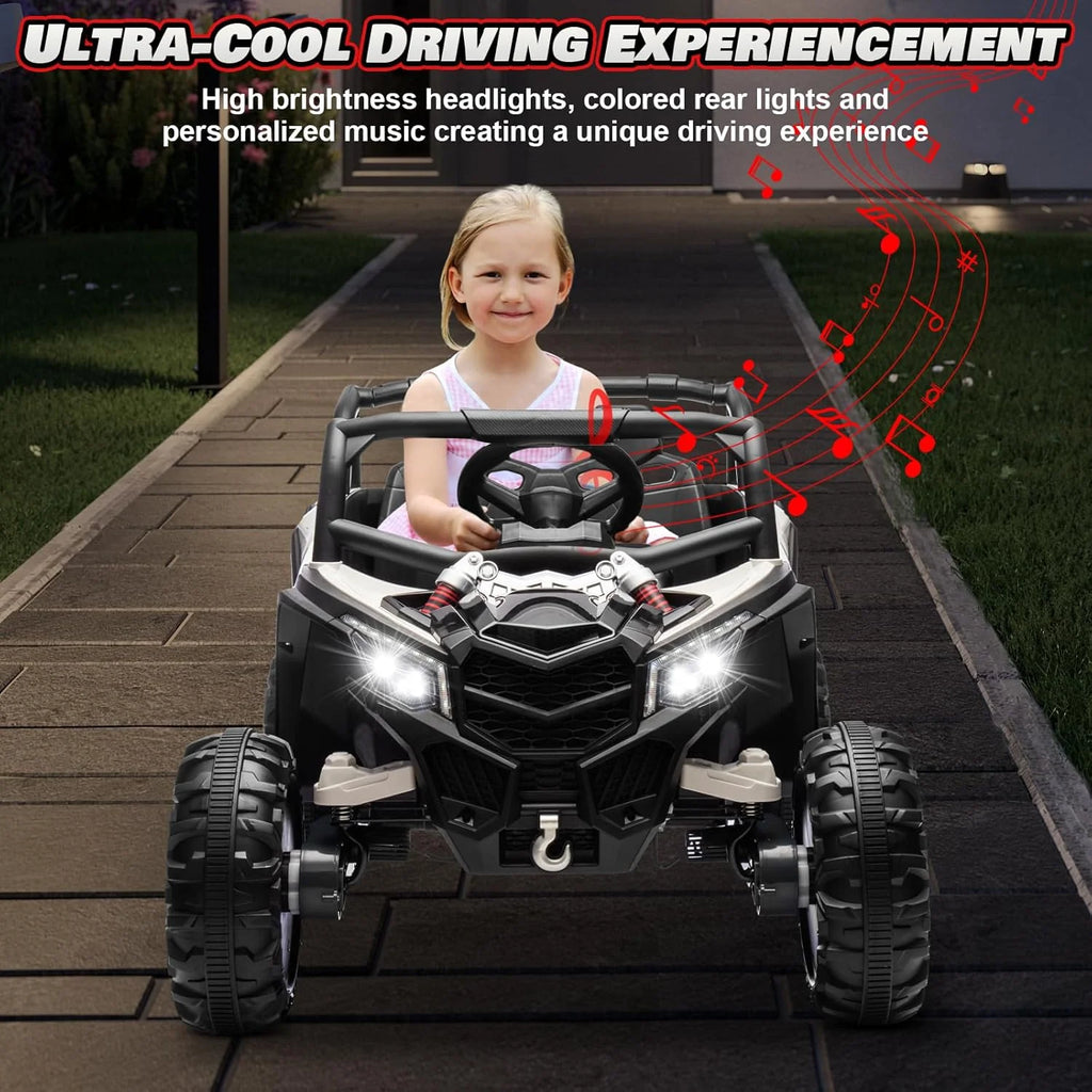 JOYRACER Kids Remote Control Car with 4 x 150W Motors, Shock Absorbers, Bluetooth, MP3 Player, and Headlights