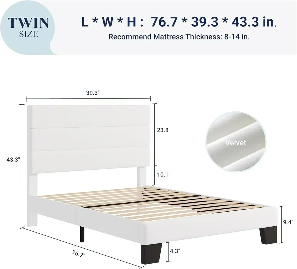 Allewie King size platform bed frame with velvet upholstered headboard and planks