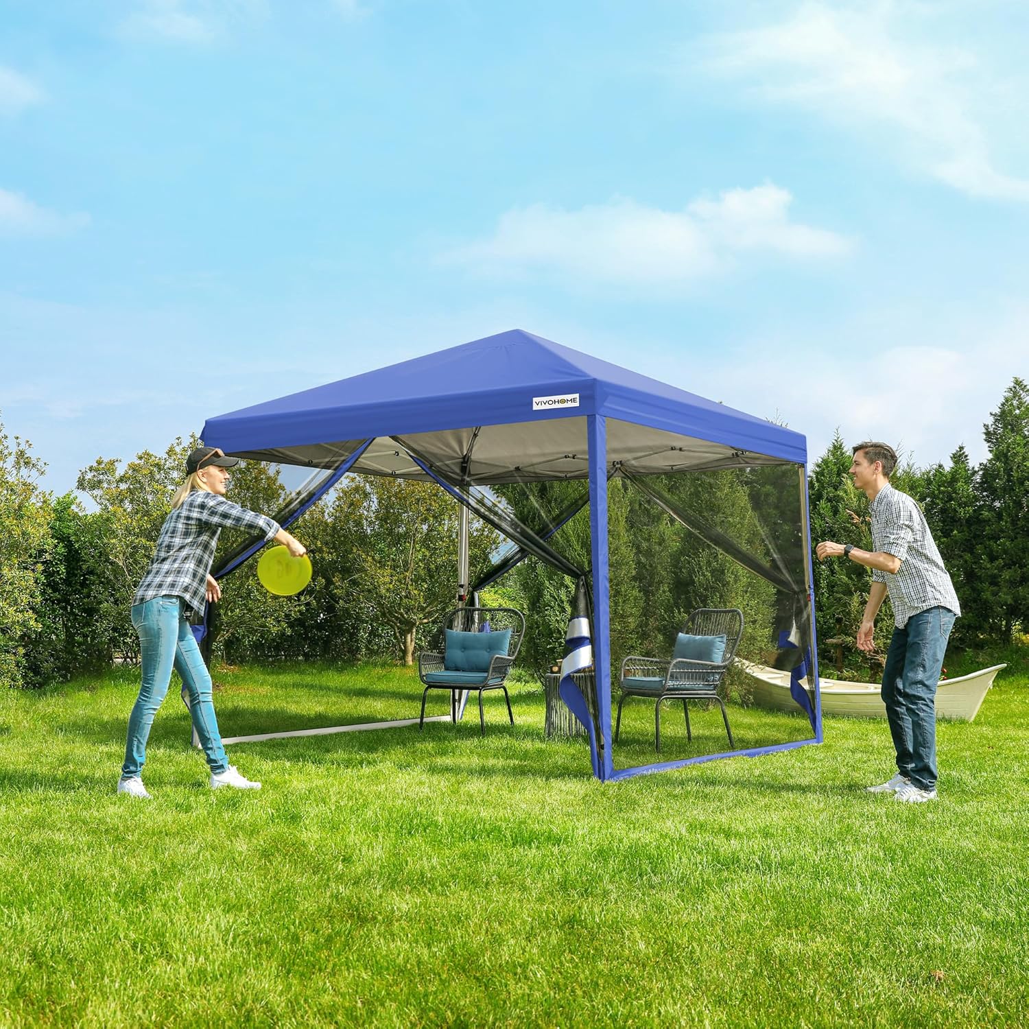 10x10ft Easy Pop-Up Canopy, Outdoor Screen Tent with Mosquito Netting, 2 Zipper Doors, and Roller Bag for Yard Camping Picnic Party Events, Beige