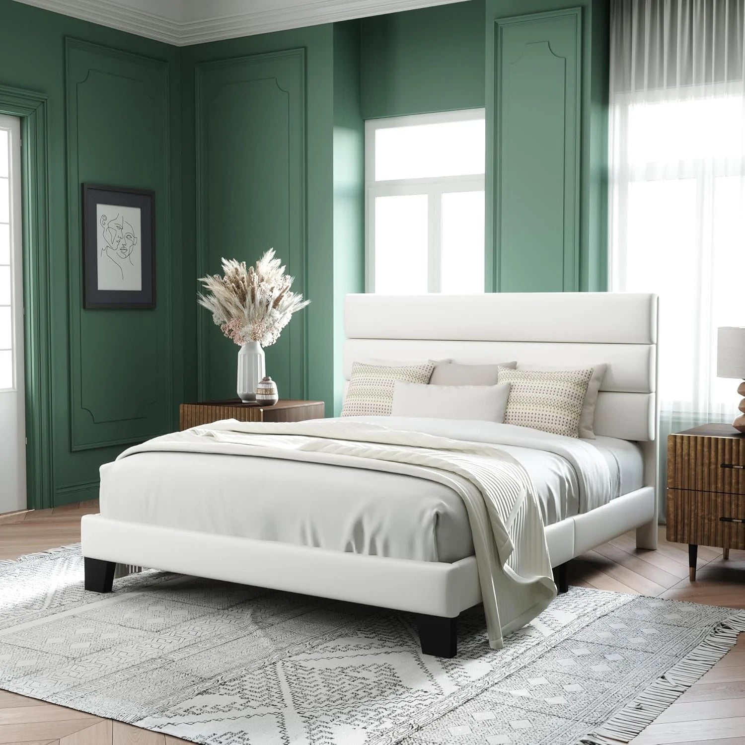 Allewie Queen Size Platform Bed Frame Fabric Upholstered Headboard Wooden Slats Support