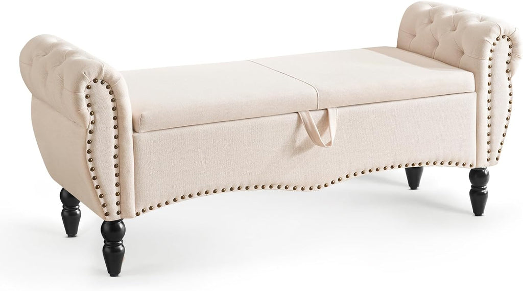 Furniliving Modern Storage Ottoman Bench, Sherpa Ottoman End of Bed Bench with Solid Wood Legs Upholstered Ottoman Benches with Storage Indoor Bench