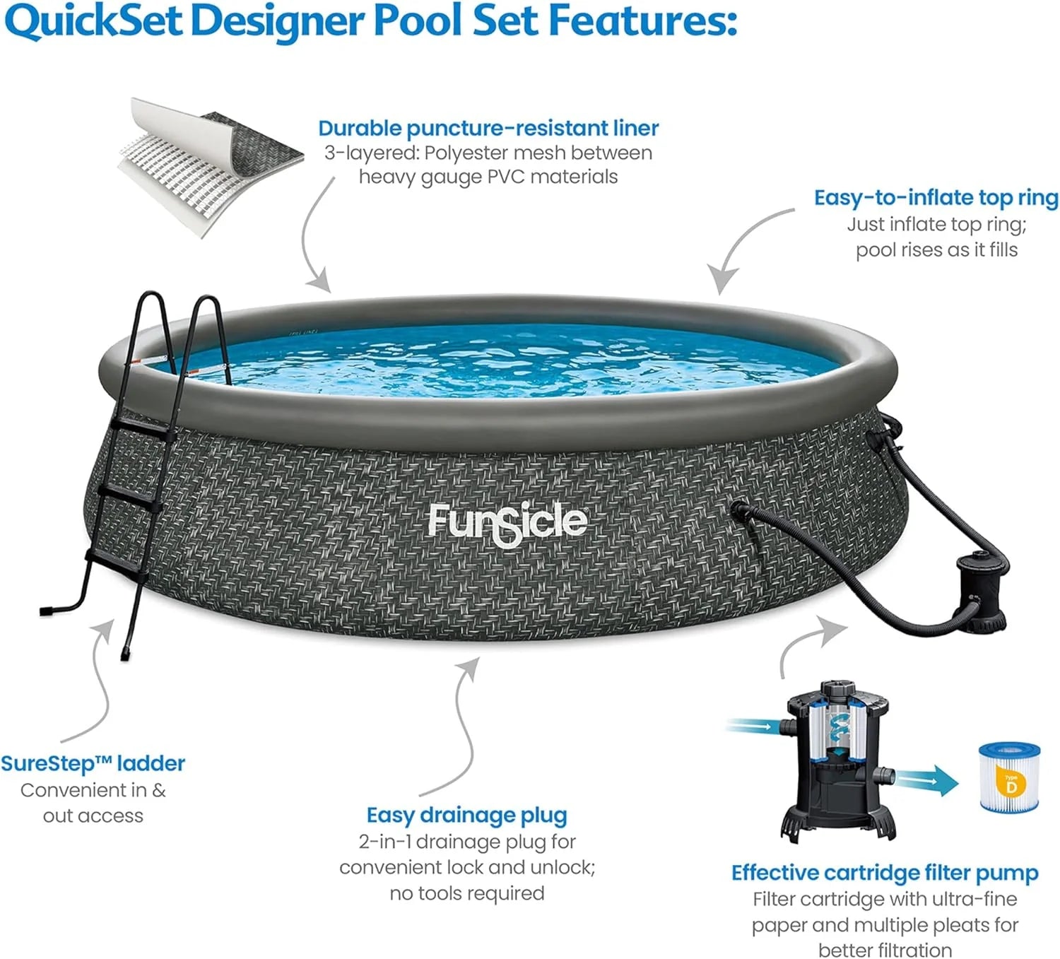 Funsicle 12 Foot by 36 Inch Quickset Round Inflatable Ring Top Outdoor Above Ground Swimming Pool Set with Pump and Cartridge Filter, Dark Herringbone