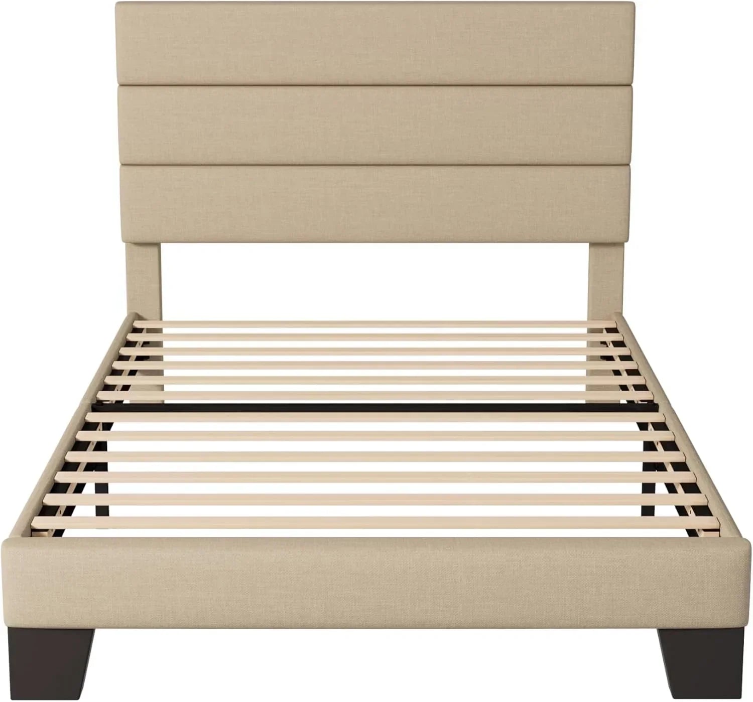 Allewie King size platform bed frame with velvet upholstered headboard and planks