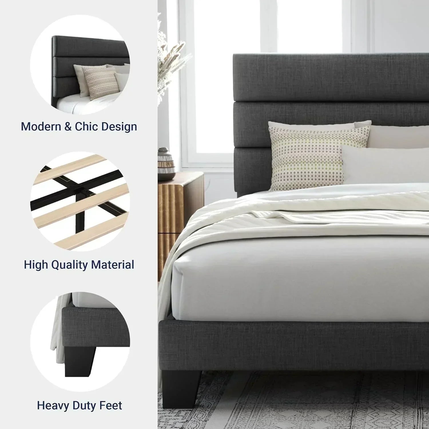 Allewie Queen Size Platform Bed Frame with Fabric Upholstered Headboard Wooden Slats Support