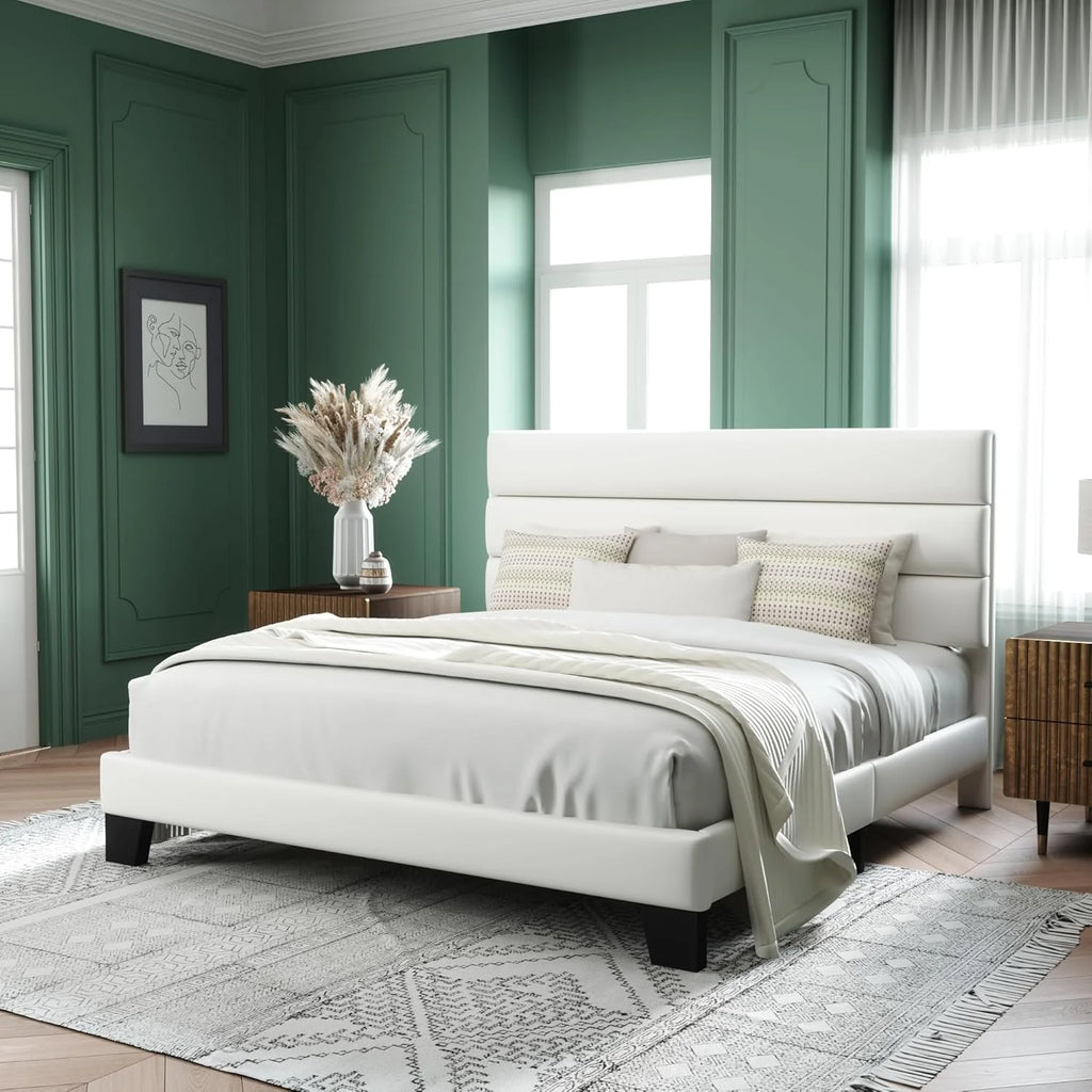 Allewie Queen Size Platform Bed Frame Fabric Upholstered Headboard Wooden Slats Support